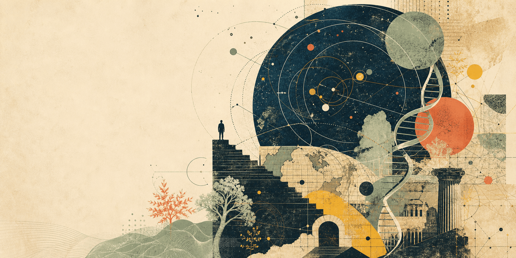 Abstract illustration connecting history, science, nature, and human curiosity